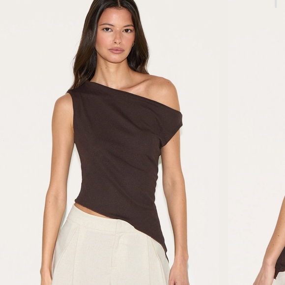 NWT PrettyLittleThing Deep Chocolate Burnout Mesh Asymmetric Long Top, Size 4 - Picture 1 of 6